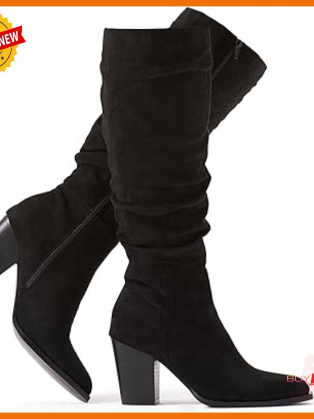 Knee High Slouch Boots Pointed Toe Faux Suede Chunky Heel Zip